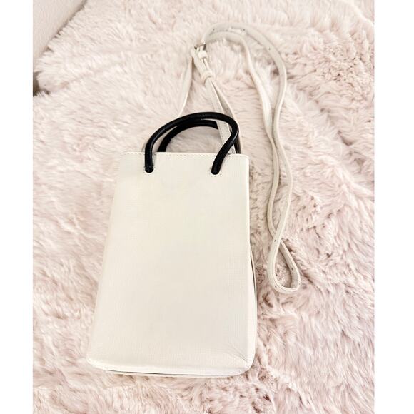 BALENCIAGA Shoulder Bag Phone Holder 593826 Crossbody Calfskin White Runway - Picture 6 of 11
